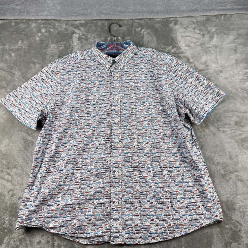 Johnston & Murphy Button-Down Mens XL Short Sleeve White Boat Print EUC